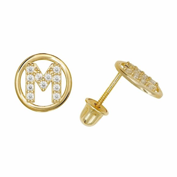 14K Solid Yellow Gold 8mm Letter Initial Halo CZ Stud Alphabet Earrings - Picture 14 of 15